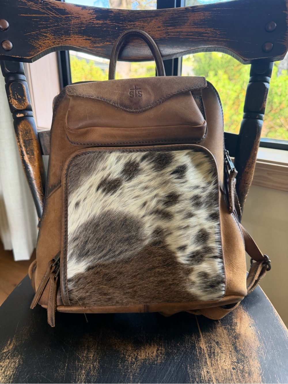 STS Ranchwear Brown Leather Backpack with Spotted Cowhide Front